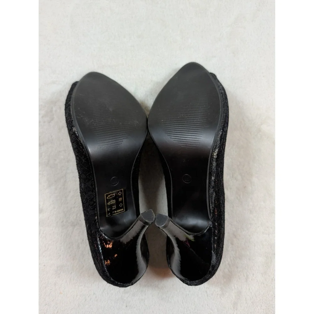 YIDA Black Lace Peep‎ Toe Bow Pumps Stiletto Heels BD01135-1 Size 8.5